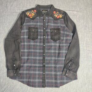 Overland Womens Pearl Snap Western Shirt Embroidered Flowers Yoke Cowgirl Plaid